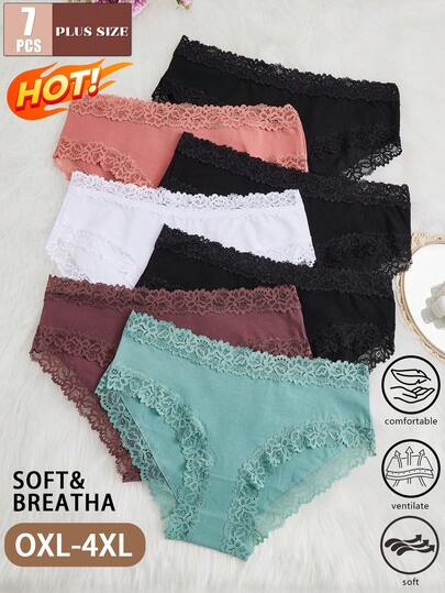 7 pièces Culottes pour femmes taille grande, couleur unie, coton, patchwork de dentelle, côtelé, sexy, romantique, confortable, taille basse, convient pour la Saint-Valentin, les vacances 0XL-4XL