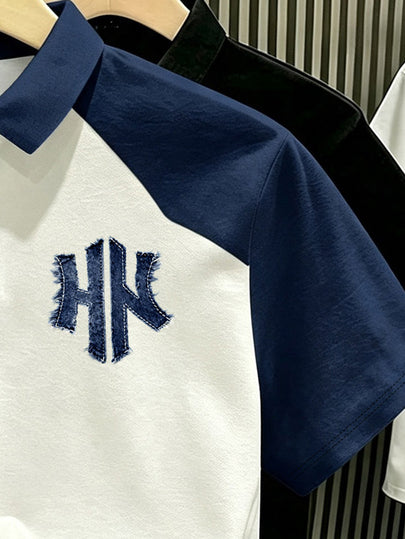 Manfinity Hypemode Polo à effet denim rétro américain, blocs de couleurs délavé avec imprimé lettre NY, Top décontracté pour hommes et femmes, convient pour les trajets quotidiens et les loisirs d'été