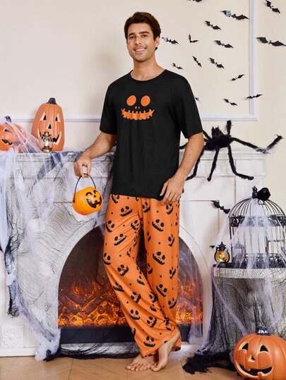 CoupledUp Ensemble de pyjama 2 pièces pour hommes en tricot, col rond, manches courtes, pantalon long, imprimé Halloween