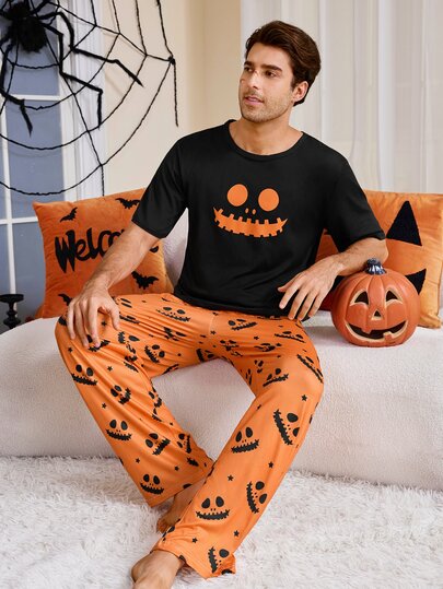 CoupledUp Ensemble de pyjama 2 pièces pour hommes en tricot, col rond, manches courtes, pantalon long, imprimé Halloween