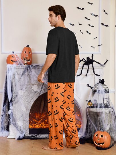 CoupledUp Ensemble de pyjama 2 pièces pour hommes en tricot, col rond, manches courtes, pantalon long, imprimé Halloween