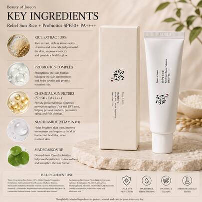 Beauty Of Joseon Relief Sun Rice + Probiotics SPF50+ PA++++, Crème solaire coréenne pour le visage, Protection UV hydratante quotidienne, Crème solaire légère et non grasse avec extrait de riz