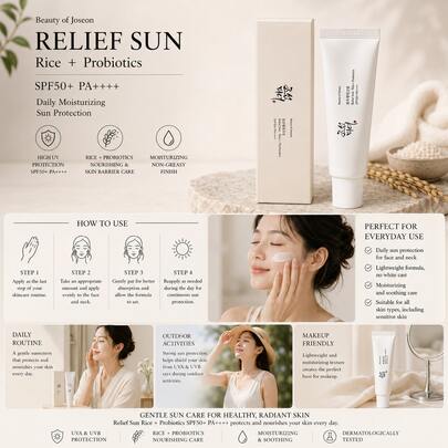 Beauty Of Joseon Relief Sun Rice + Probiotics SPF50+ PA++++, Crème solaire coréenne pour le visage, protection UV hydratante quotidienne, crème solaire légère et non grasse avec extrait de riz