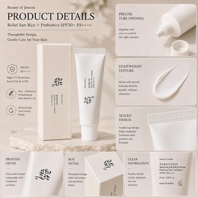 Beauty Of Joseon Relief Sun Rice + Probiotics SPF50+ PA++++, Crème solaire coréenne pour le visage, protection UV hydratante quotidienne, crème solaire légère et non grasse avec extrait de riz