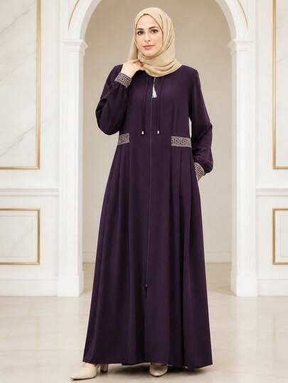 Robe longue maxi violet foncé avec fermeture éclair avant, imprimé géométrique, détails aux poignets et à la taille, robe de vacances décontractée à manches longues amples pour l'automne