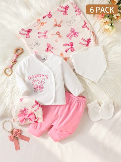 Ensemble cadeau exclusif pour nouveau-nés de style doux, Top avec élément nœud rose, chapeau, pantalon, chaussettes, couverture, ensemble complet avec design nœud féminin