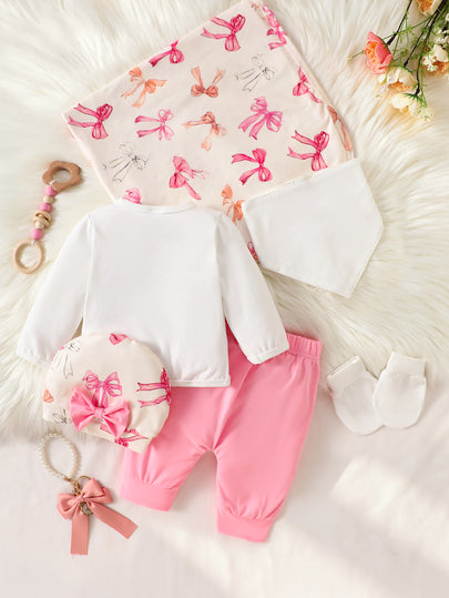Ensemble cadeau exclusif pour nouveau-nés de style doux, Top avec élément nœud rose, chapeau, pantalon, chaussettes, couverture, ensemble complet avec design nœud féminin