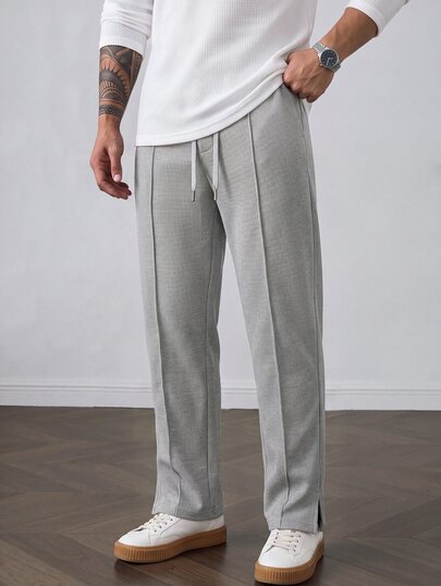 HUEFORM Pantalon de survêtement droit pour hommes, gris clair, texture gaufre, cordon de serrage élastique, couture centrale et fentes latérales, décontracté et polyvalent