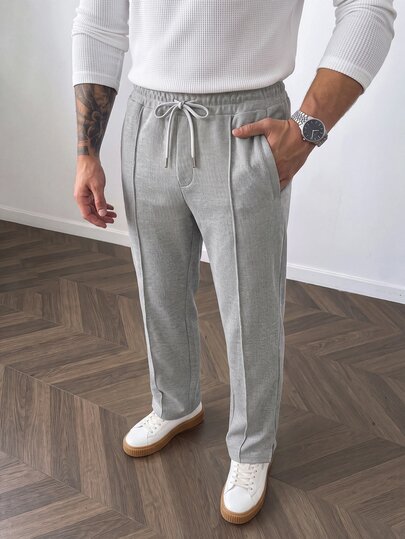 HUEFORM Pantalon de survêtement droit pour hommes, gris clair, texture gaufre, cordon de serrage élastique, couture centrale et fentes latérales, décontracté et polyvalent