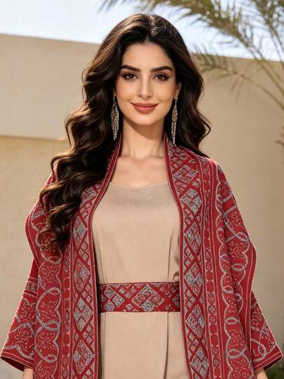Jalabiya rouge pour femmes arabes avec broderie lourde, robe ouverte devant couleur abricot, robe élégante pour la fête nationale, tenue décontractée pour l'été et l'automne 2026, tenue de vacances