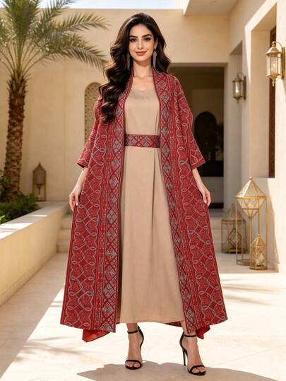 Jalabiya rouge pour femmes arabes avec broderie lourde, robe ouverte devant couleur abricot, robe élégante pour la fête nationale, tenue décontractée pour l'été et l'automne 2026, tenue de vacances