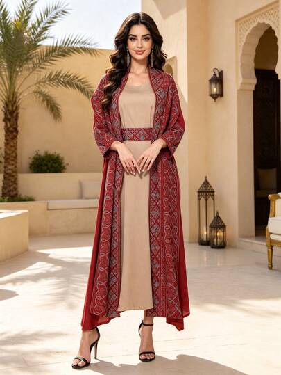Jalabiya rouge pour femmes arabes avec broderie lourde, robe ouverte devant couleur abricot, robe élégante pour la fête nationale, tenue décontractée pour l'été et l'automne 2026, tenue de vacances