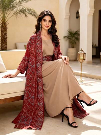 Jalabiya rouge pour femmes arabes avec broderie lourde, robe ouverte devant couleur abricot, robe élégante pour la fête nationale, tenue décontractée pour l'été et l'automne 2026, tenue de vacances