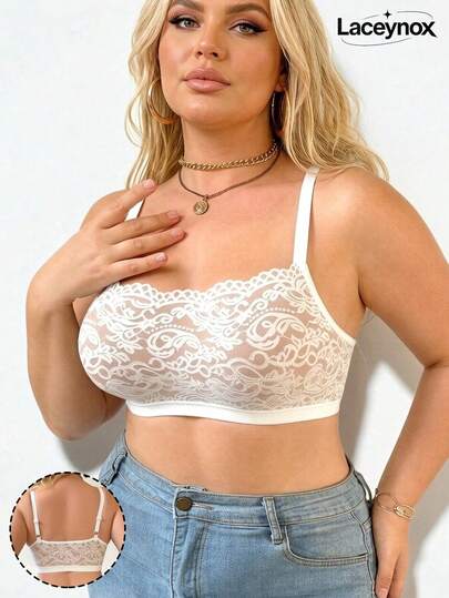 Soutien-gorge en dentelle blanche pour femmes grandes tailles, soutien-gorge sans fil confortable et polyvalent pour forte poitrine, soutien-gorge camisole en dentelle sans rembourrage