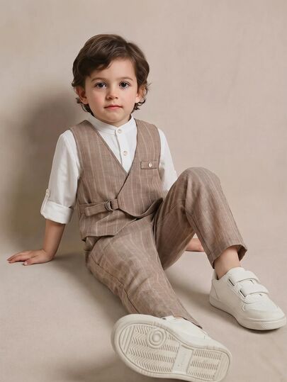 PrepCrw 3 pièces Uniforme scolaire simple et décontracté pour jeunes garçons mignons, gilet régulier assorti et chemise à col montant, manches longues et pantalon long réglables, convient pour une tenue de gentleman. Applicable pour fête d'anniversaire, s