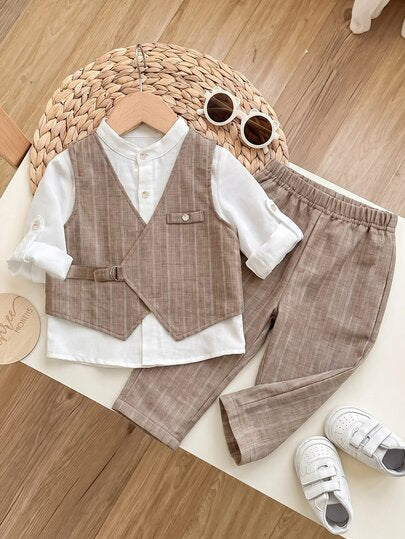 PrepCrw 3 pièces Uniforme scolaire simple et décontracté pour jeunes garçons mignons, gilet régulier assorti et chemise à col montant, manches longues et pantalon long réglables, convient pour une tenue de gentleman. Applicable pour fête d'anniversaire, s