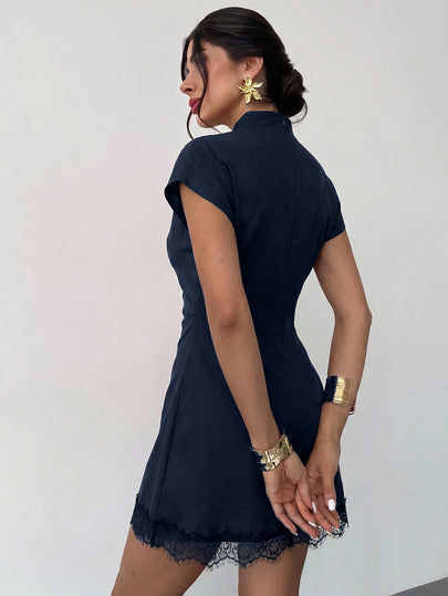 Firerie Robe mini élégante d'été pour femme avec patchwork en dentelle, style bureau