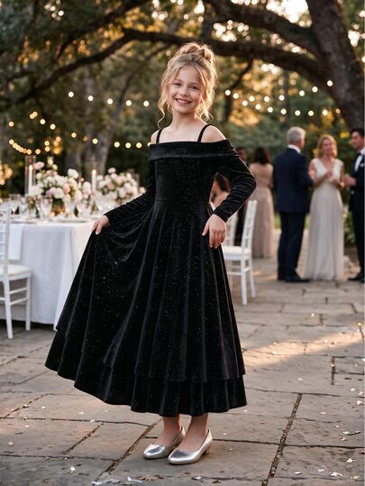 Robe élégante pour fille, style lady, couleur unie, bretelles spaghetti, épaules dénudées, manches longues, ourlet à volants multicouches, paillettes, pour rendez-vous, fête et occasions sociales