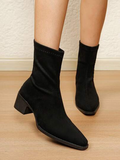 1 paire de bottes de mode à talons épais pour femmes, automne/hiver, bout pointu, fermeture éclair arrière, style élégant