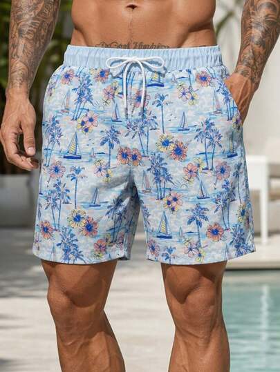 Short de plage décontracté pour homme avec imprimé bateau à voile et palmier