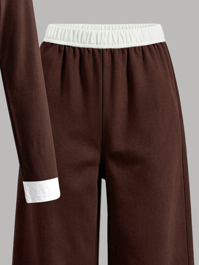 (1 Set) T-shirt à manches longues et pantalon à jambes larges pour filles préadolescentes, style décontracté minimaliste d'automne, tissu contrasté marron & blanc, motif rayé, taille froncée