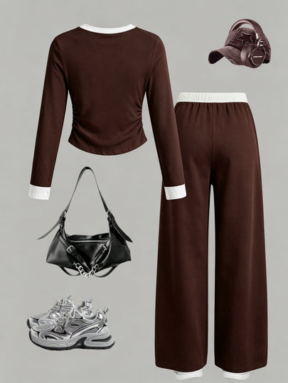 (1 Set) T-shirt à manches longues et pantalon à jambes larges pour filles préadolescentes, style décontracté minimaliste d'automne, tissu contrasté marron & blanc, motif rayé, taille froncée