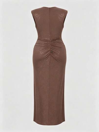 Robe de soirée formelle brillante à nœud torsadé pour femmes grandes tailles, robe midi moulante à col en V et manches longues élégante