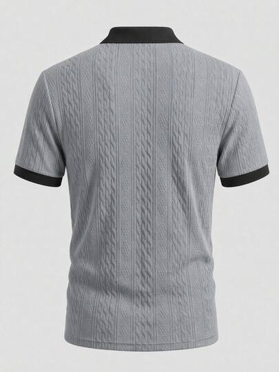 Chemise polo à col boutonné texturée jacquard pour hommes, convient pour les trajets quotidiens, les voyages, les vacances et autres occasions, style minimaliste décontracté, style urbain mature, style gentleman britannique
