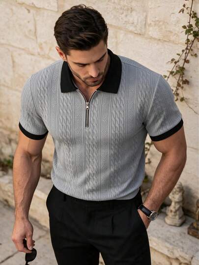 Chemise polo à col boutonné texturée jacquard pour hommes, convient pour les trajets quotidiens, les voyages, les vacances et autres occasions, style minimaliste décontracté, style urbain mature, style gentleman britannique