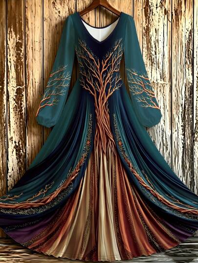 Robe style bohème grande taille pour femmes, robe longue mi-longue pour l'automne/l'hiver, décorée d'un imprimé arbre de vie, robe tricotée élégante à manches longues et col rond