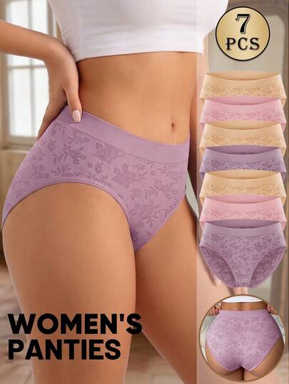 MEIYATING 7 pièces Culottes sans couture taille mi-basse pour femmes, imprimé floral à la mode & couleur unie, confortables & ajustement serré, culottes triangle
