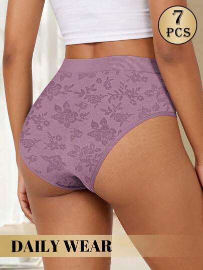 MEIYATING 7 pièces Culottes sans couture taille mi-basse pour femmes, imprimé floral à la mode & couleur unie, confortables & ajustement serré, culottes triangle