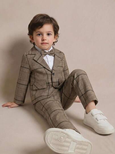 BOARNSEORL Ensemble 3 pièces pour jeunes garçons gentleman avec chemise à manches longues, nœud papillon, veste de costume kaki et pantalon, élégant et à la mode, convient pour les fêtes d'anniversaire, les soirées, les mariages, les fêtes de pleine lune,