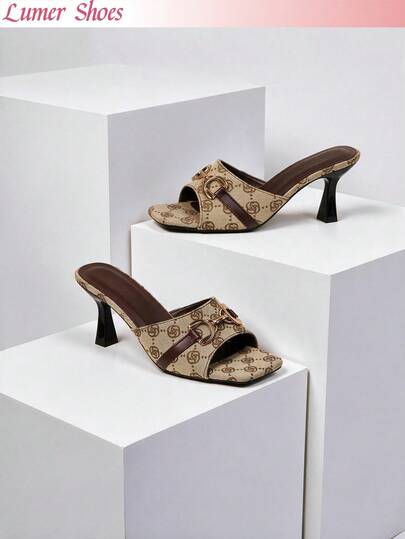 Sandales mules à talons stilettos pour femmes avec décoration boucle métallique et bout carré, élégantes pour les soirées, les boîtes de nuit et le port formel quotidien