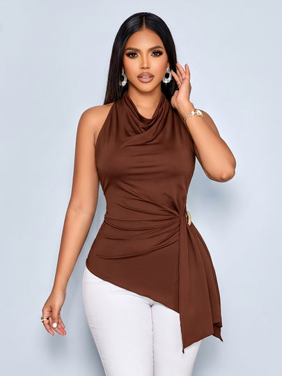 SOLERSUN Top sans manches pour femmes avec col drapé, taille froncée, décoration métallique et ourlet asymétrique, pour le quotidien, les loisirs et les fêtes