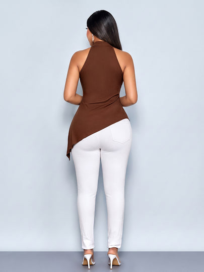 SOLERSUN Top sans manches pour femmes avec col drapé, taille froncée, décoration métallique et ourlet asymétrique, pour le quotidien, les loisirs et les fêtes