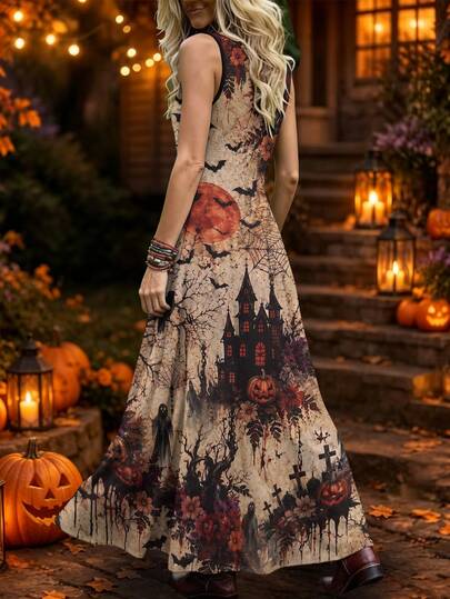 Breezaya Robe longue grande taille pour femmes avec col en V échancré, imprimé château de cimetière d'Halloween & chauve-souris citrouille, robes de costume pour fête de la saison effrayante, nouveau style automne 2026