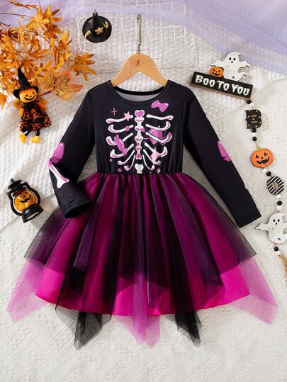 1 pièce Robe en maille à manches longues thème Halloween pour filles, col rond noir, corps imprimé avec imprimé squelette de dessin animé rose & blanc, décoré de nœuds, cœurs, bonbons, étoiles motifs mignons, manches continuant le même imprimé d'os, amusa