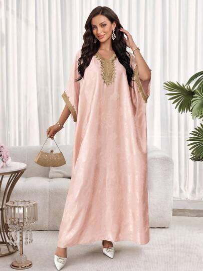 Abaya robe élégante pour femmes avec décoration de chauve-souris, rose, automne