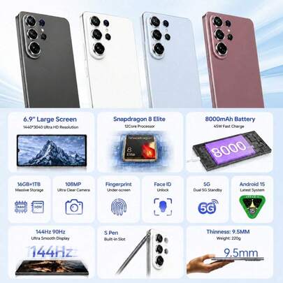 Téléphone S26 Ultra 5G, Smartphone déverrouillé double SIM avec grand écran de 6,9", 1 To de stockage, appareil photo 108 MP & batterie 8000 mAh