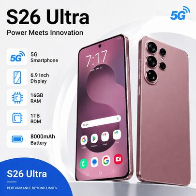 Téléphone S26 Ultra 5G, Smartphone déverrouillé double SIM avec grand écran de 6,9", 1 To de stockage, appareil photo 108 MP & batterie 8000 mAh