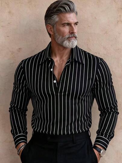 Chemise tricotée rayée décontractée et mode pour hommes GOLDREDY, tissu élastique doux et agréable à la peau, col rabattu, manches longues, convient pour les activités décontractées en plein air, les trajets quotidiens, chemise essentielle polyvalente