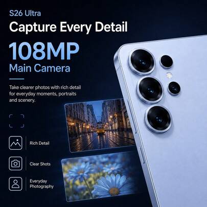 Smartphone S26 Ultra 5G, 16 Go de RAM, 1 To de stockage, téléphone mobile Android 15, appareil photo 108 MP, batterie 8000 mAh, écran 6,9 pouces, double SIM