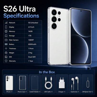 Smartphone S26 Ultra 5G, 16 Go de RAM, 1 To de stockage, téléphone mobile Android 15, appareil photo 108 MP, batterie 8000 mAh, écran 6,9 pouces, double SIM