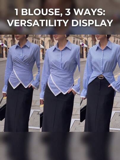 Blouse portefeuille à col revers rayée verticalement bleu & blanc pour femmes, chemise ajustée à manches longues avec volants et bordure en dentelle blanche contrastante