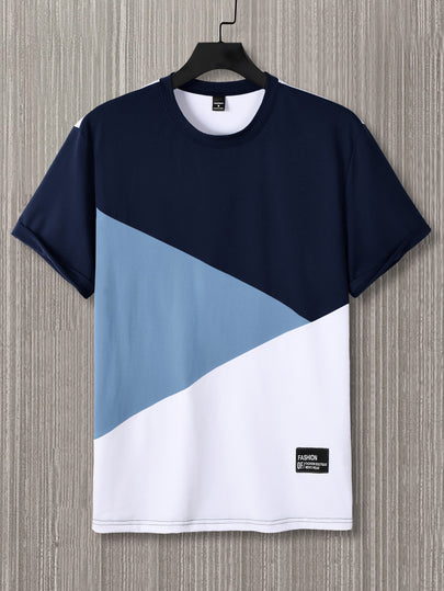 Manfinity Homme T-shirt décontracté polyvalent à manches courtes avec col ras-du-cou et blocs de couleurs pour hommes
