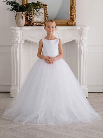 Robe de demoiselle d'honneur élégante avec nœud blanc pour fille préadolescente, robe de Pâques, robe de princesse, convient pour mariage de fille, fête, anniversaire, banquet, bal, première communion, occasions importantes