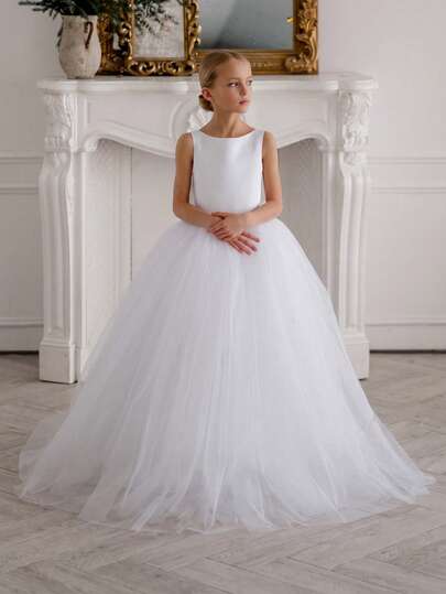 Robe de demoiselle d'honneur élégante avec nœud blanc pour fille préadolescente, robe de Pâques, robe de princesse, convient pour mariage de fille, fête, anniversaire, banquet, bal, première communion, occasions importantes