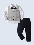 BOARNSEORL Ensemble de costume 3 pièces pour jeunes garçons, chemise blanche avec nœud papillon et gilet, pantalon long, style à la mode, convient pour les fêtes d'anniversaire, les sorties et les occasions formelles