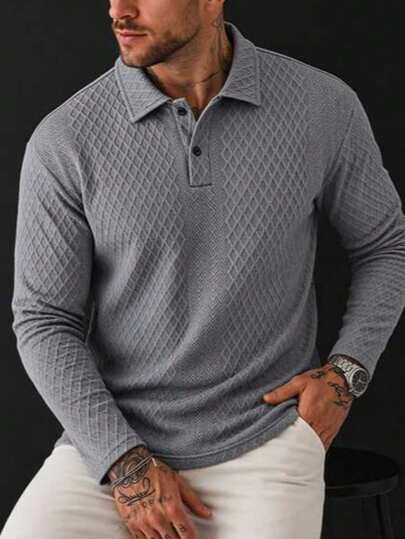 Chemise polo pour hommes gris ciment décontractée pour les trajets quotidiens, chemise polo à manches longues marron foncé
